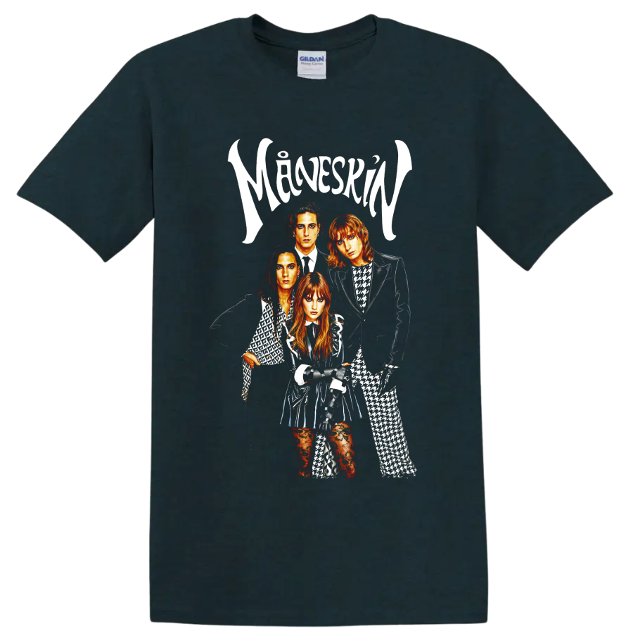 Måneskin glam rock band portrait with white logo lettering on a Midnight (Green) T Shirt