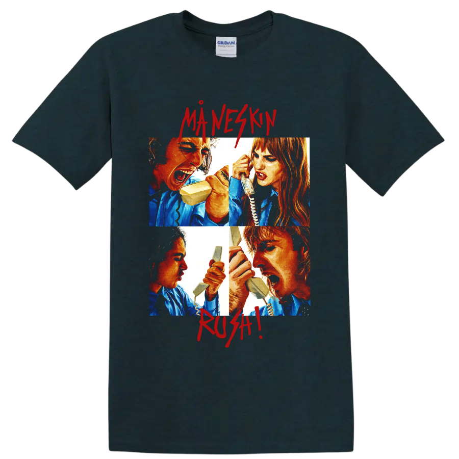 Måneskin telephone fight graphic with bold red lettering on a Midnight (Green) T Shirt
