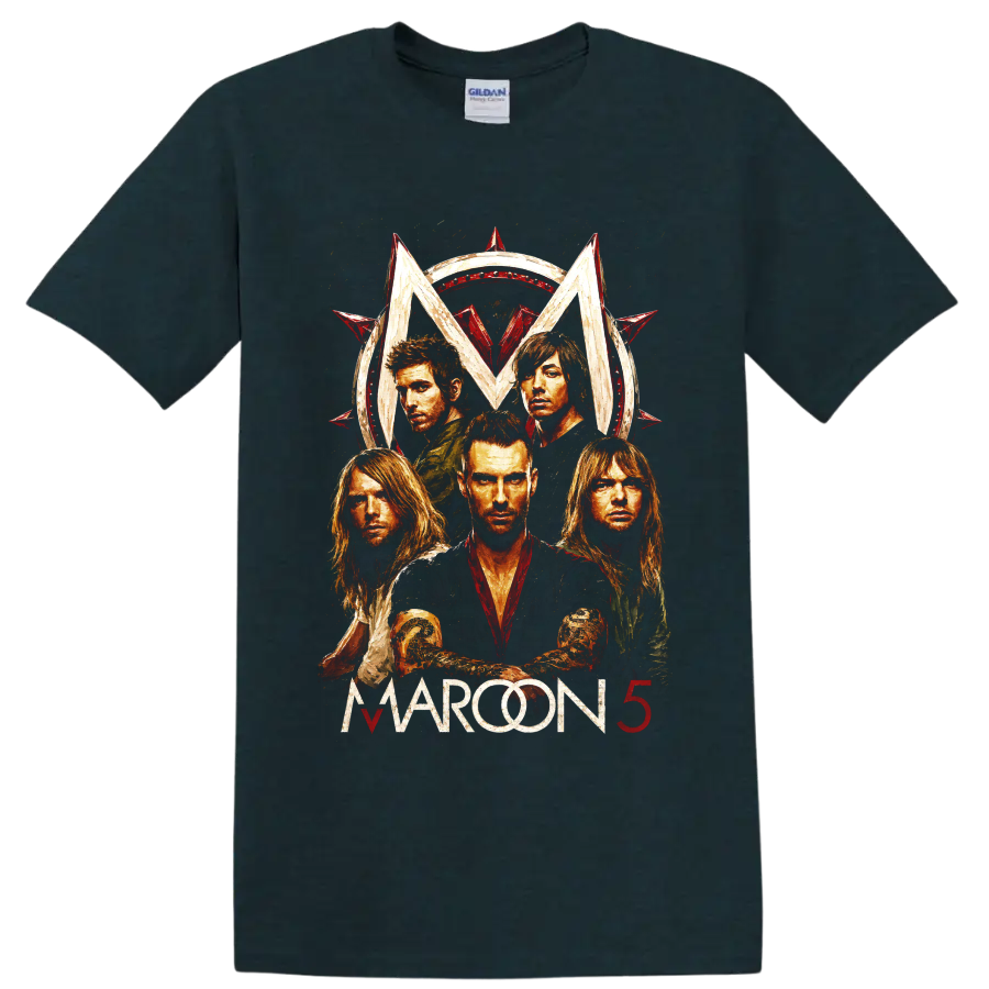 Maroon 5 distressed rock band portrait with red star emblem on a Midnight (Green) T Shirt