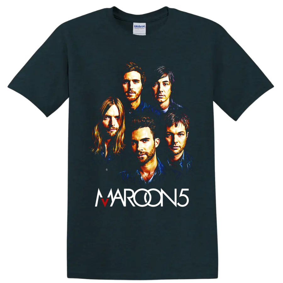 Maroon 5 five-member portrait graphic with bold band lettering on a Midnight (Green) T Shirt