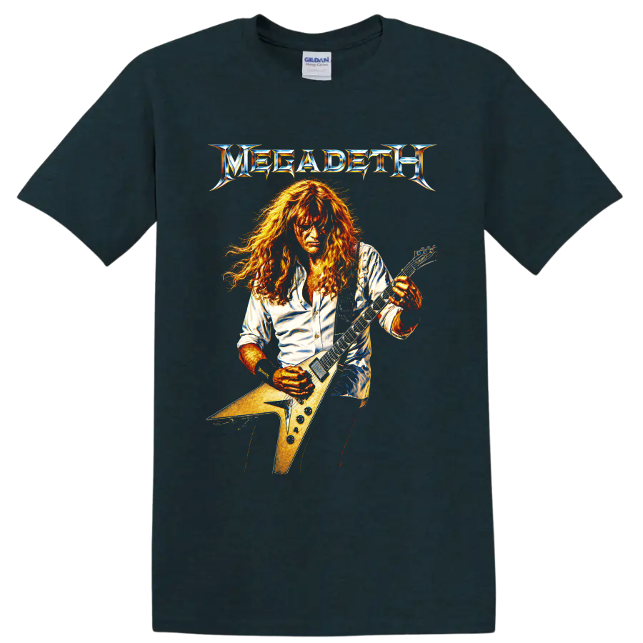Megadeth guitarist playing an angular electric guitar with metallic logo on a Midnight (Green) T Shirt