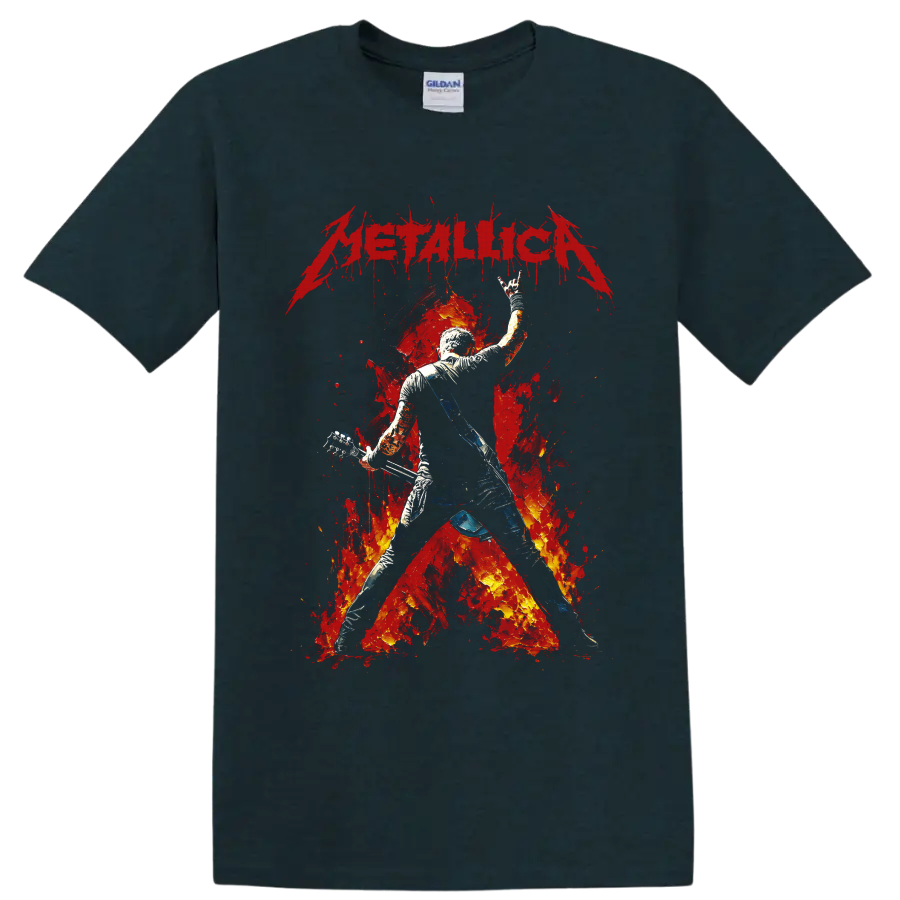 Metallica guitarist graphic with fiery red splatter and distressed logo on a Midnight (Green) T Shirt