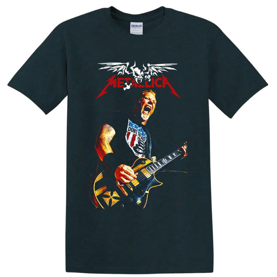 Metallica guitarist with winged skull and lightning graphic on a Midnight (Green) T Shirt