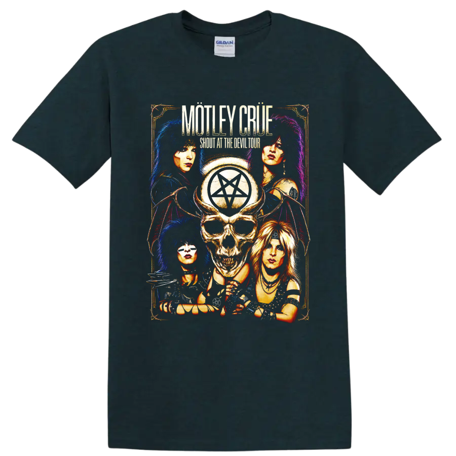 Mötley Crüe skull pentagram glam metal poster graphic on a Midnight (Green) T Shirt