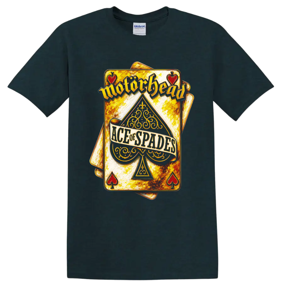 Motorhead Ace of Spades ornate vintage playing card graphic on a Midnight (Green) T Shirt