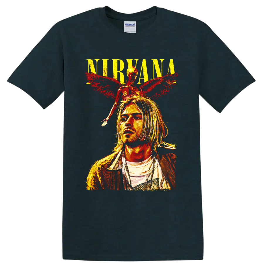 Nirvana Kurt Cobain portrait with angel wings in distressed grunge art on a Midnight (Green) T Shirt