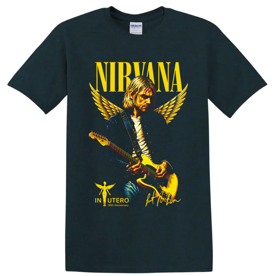 Nirvana Kurt Cobain angel-winged guitarist graphic with NIRVANA text on a Midnight (Green) T Shirt