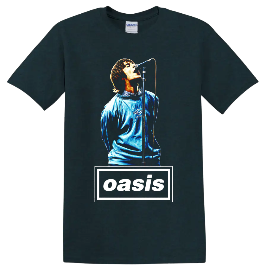 Oasis rock band graphic with singer at microphone and bold wordmark on a Midnight (Green) T Shirt