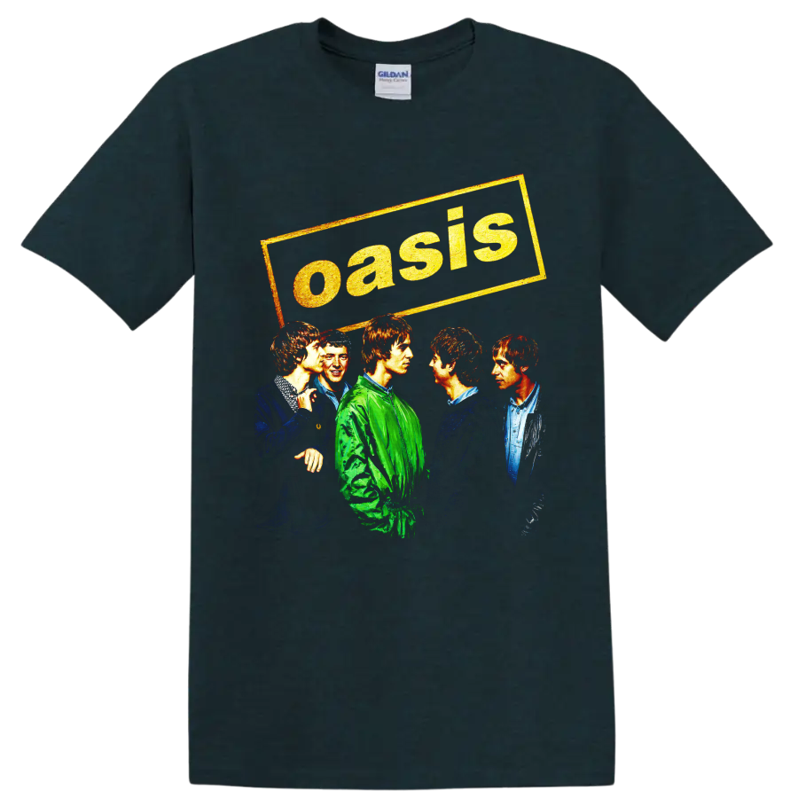 Oasis rock band vintage five-member portrait graphic with distressed lettering on a Midnight (Green) T Shirt