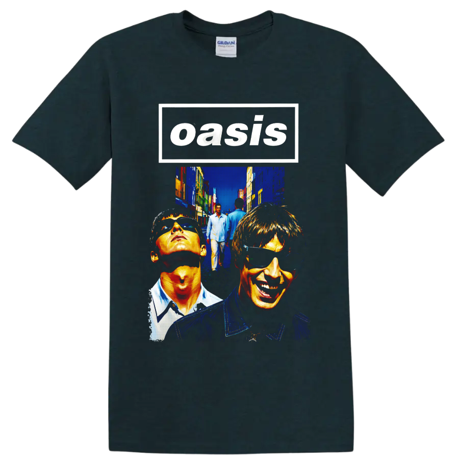 Oasis Britpop band portrait collage with bold street art style on a Midnight (Green) T Shirt