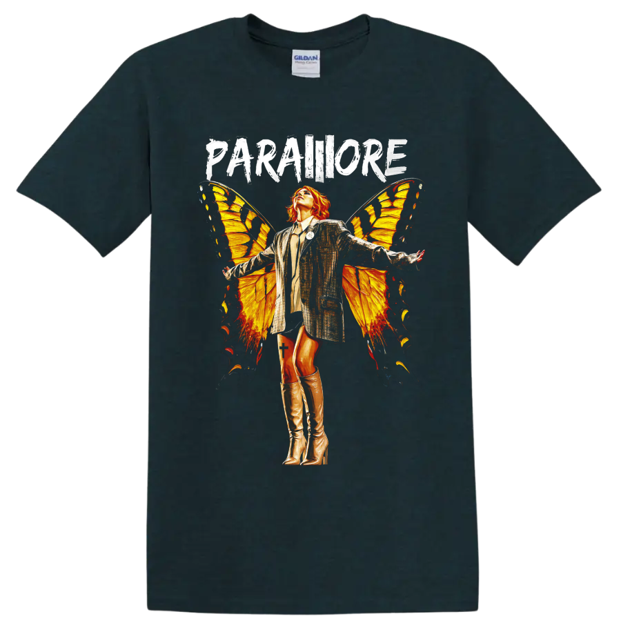 Paramore butterfly wings graphic with distressed PARAMORE lettering on a Midnight (Green) T Shirt