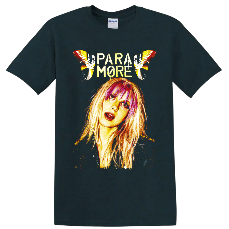 Paramore portrait graphic with pink-highlighted hair and electric guitars on a Midnight (Green) T Shirt