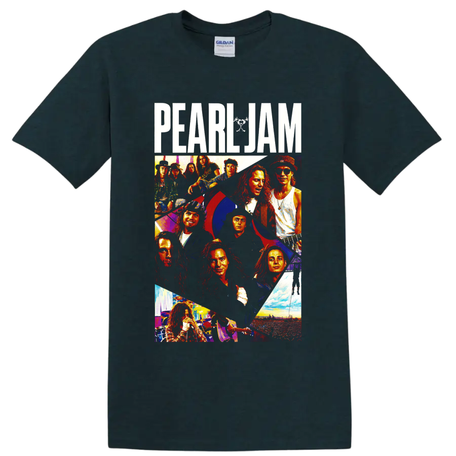 Pearl Jam rock band collage with performer portraits and concert scenes on a Midnight (Green) T Shirt