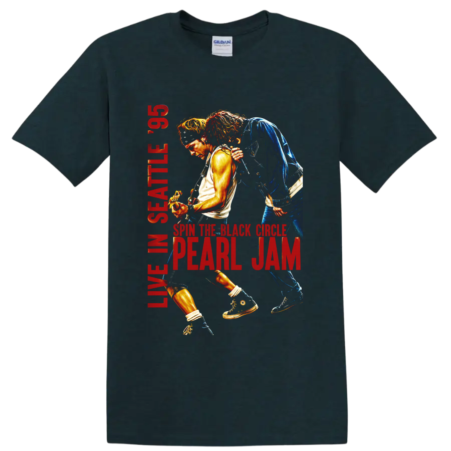Pearl Jam live Seattle 93 guitarist concert graphic with red lettering on a Midnight (Green) T Shirt