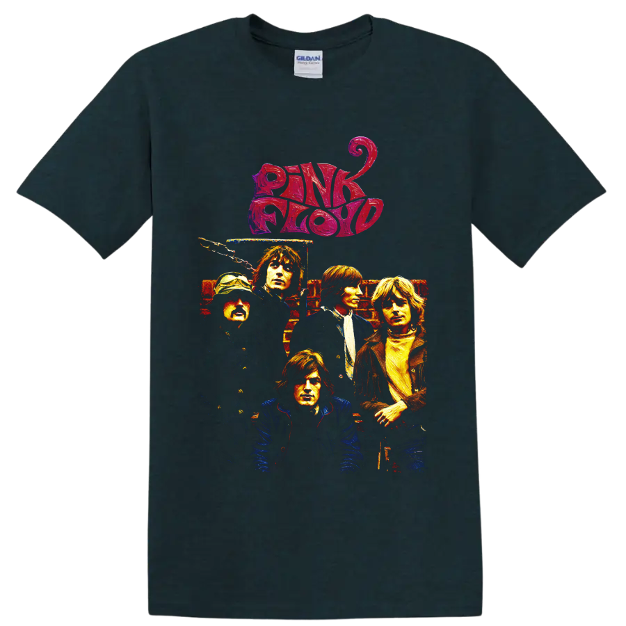 Pink Floyd portrait collage with bold retro logo and rock-poster styling on a Midnight (Green) T Shirt
