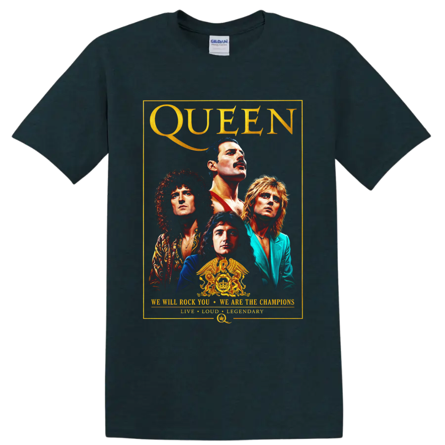 Queen rock band portrait graphic with gold crest and vintage poster border on a Midnight (Green) T Shirt