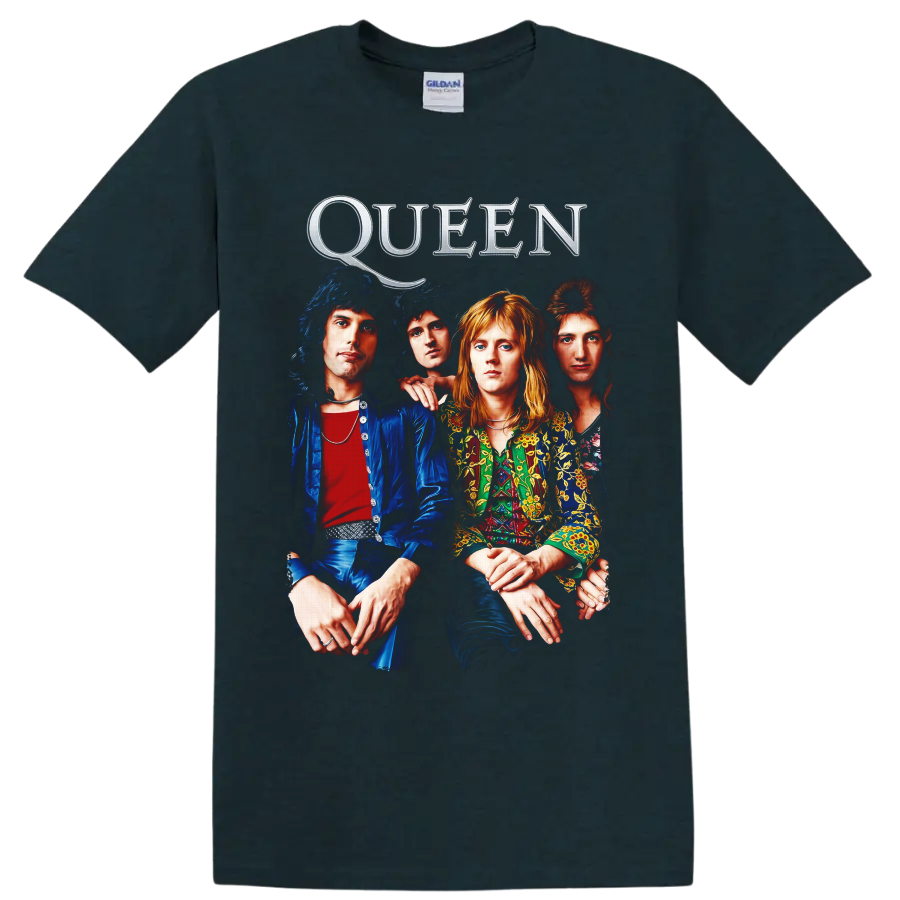 Queen classic rock band portrait with metallic QUEEN lettering on a Midnight (Green) T Shirt