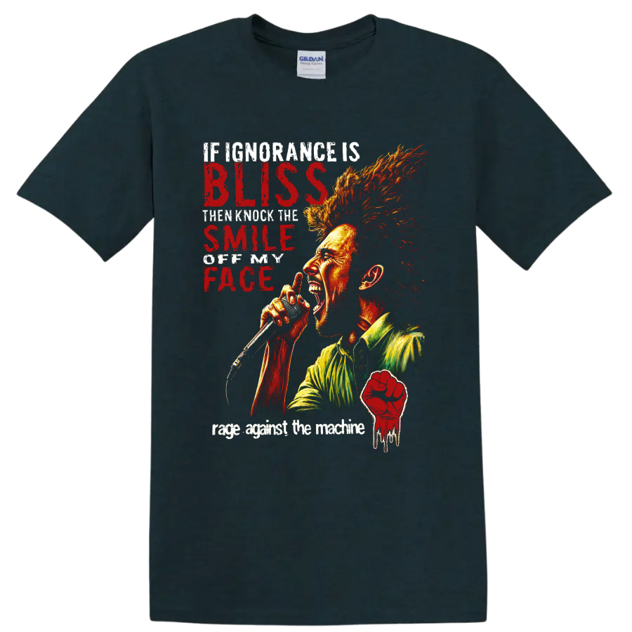 Rage Against the Machine protest rock singer microphone graphic with raised fist on a Midnight (Green) T Shirt