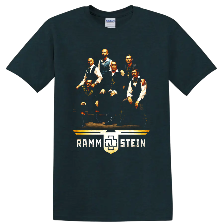 Rammstein band portrait graphic with six figures and distressed emblem on a Midnight (Green) T Shirt