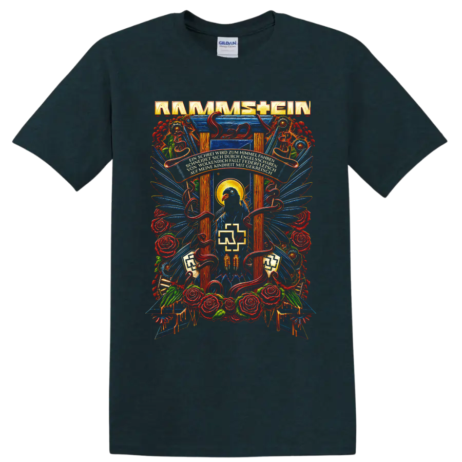 Rammstein gothic raven, roses, serpents, and blue wings graphic print on a Midnight (Green) T Shirt