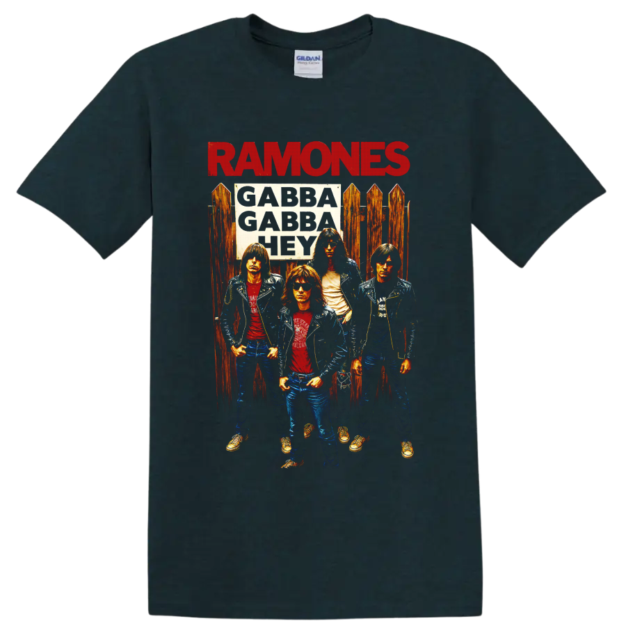 Ramones punk rock band portrait with bold red lettering and vintage distressed style on a Midnight (Green) T Shirt