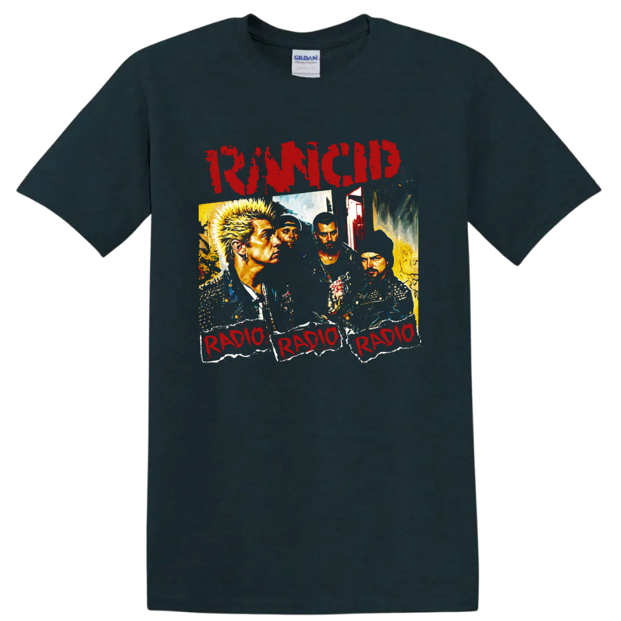Rancid distressed punk rock collage with four musician portraits on a Midnight (Green) T Shirt