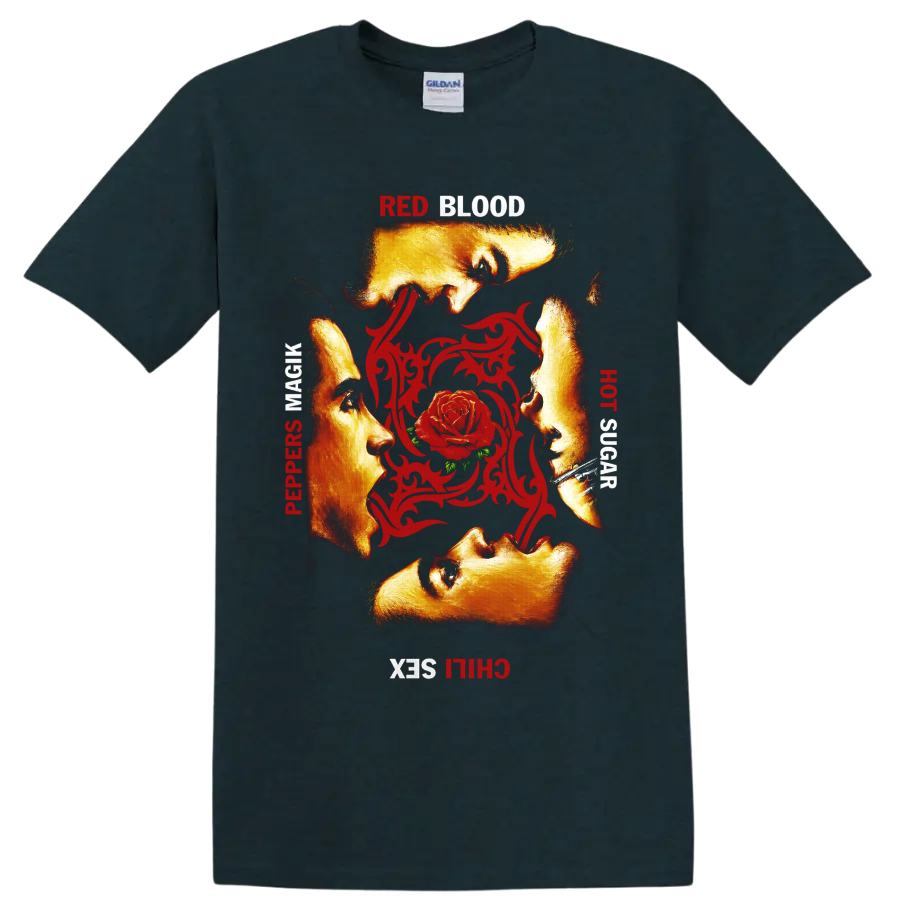 Red Hot Chili Peppers rose and ornamental rock band graphic on a Midnight (Green) T Shirt