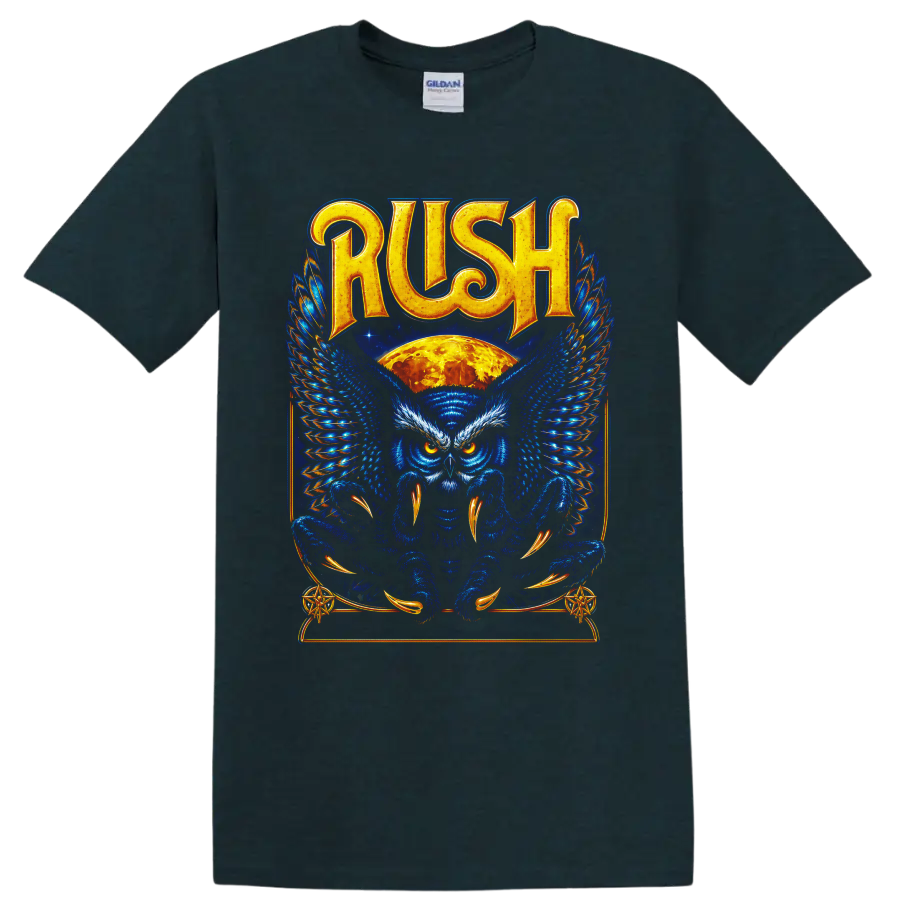Rush owl graphic with blue wings, orange moon, and ornate fantasy artwork on a Midnight (Green) T Shirt