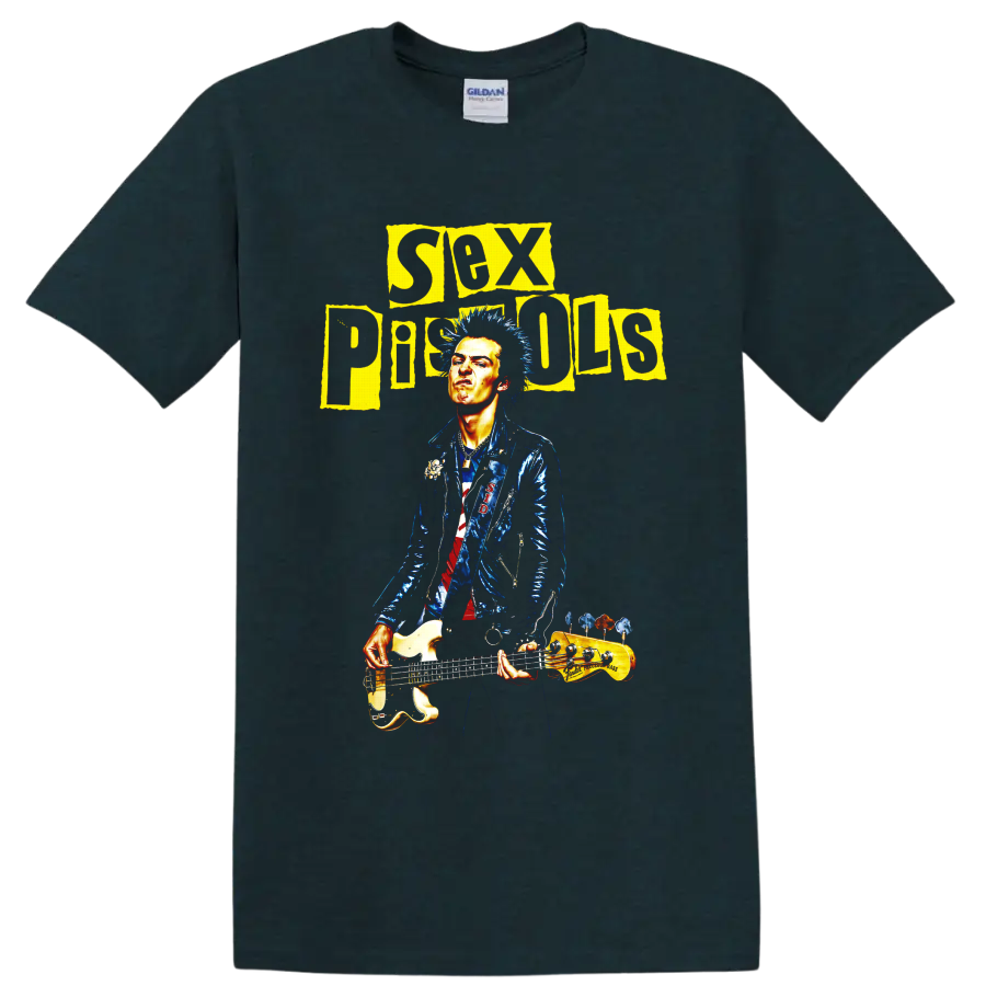 Sex Pistols punk rock bassist graphic with distressed yellow lettering on a Midnight (Green) T Shirt