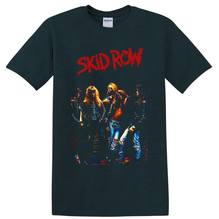 Skid Row glam metal band portrait with distressed red lettering on a Midnight (Green) T Shirt