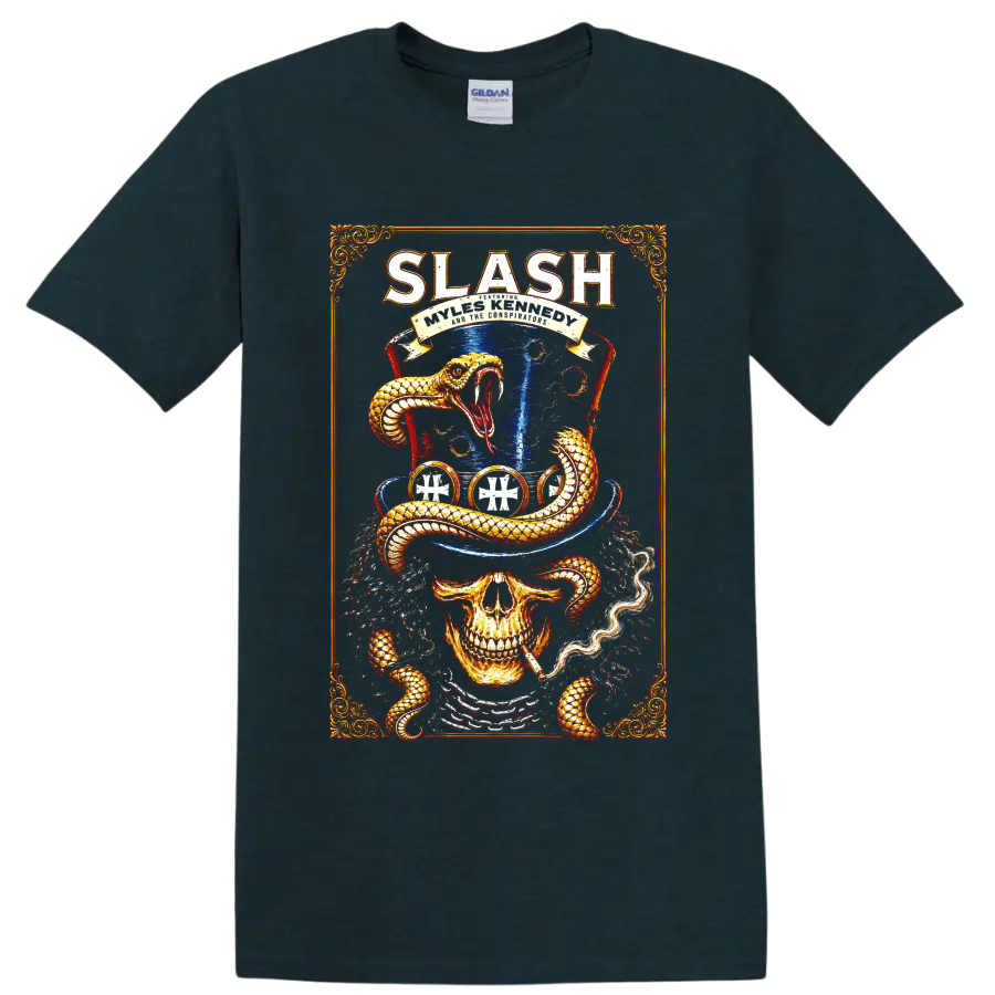 Slash skull and coiled snake rock graphic with blue top hat on a Midnight (Green) T Shirt