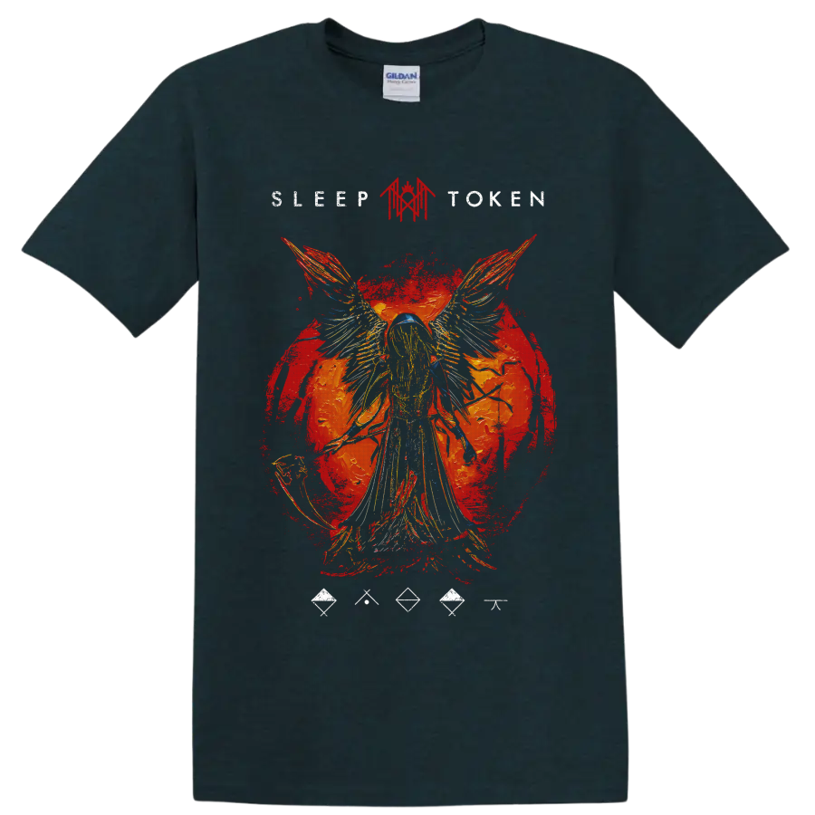 Sleep Token winged figure red grunge graphic with distressed artwork on a Midnight (Green) T Shirt
