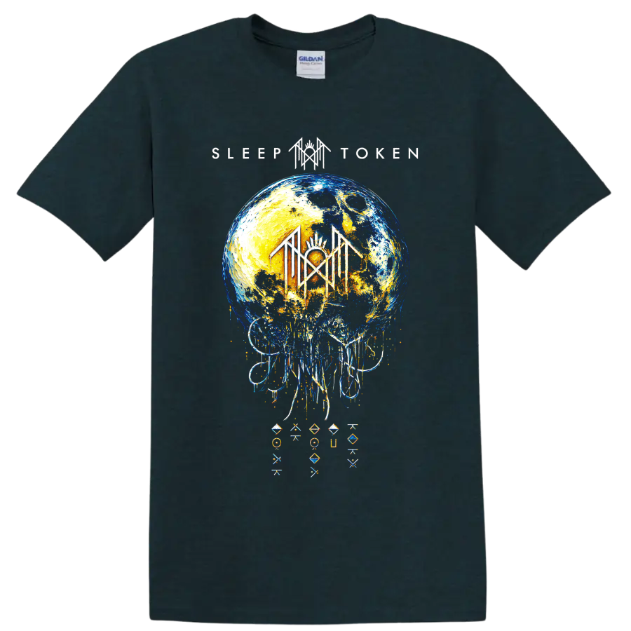 Sleep Token cosmic moon ritual graphic with dripping abstract details on a Midnight (Green) T Shirt