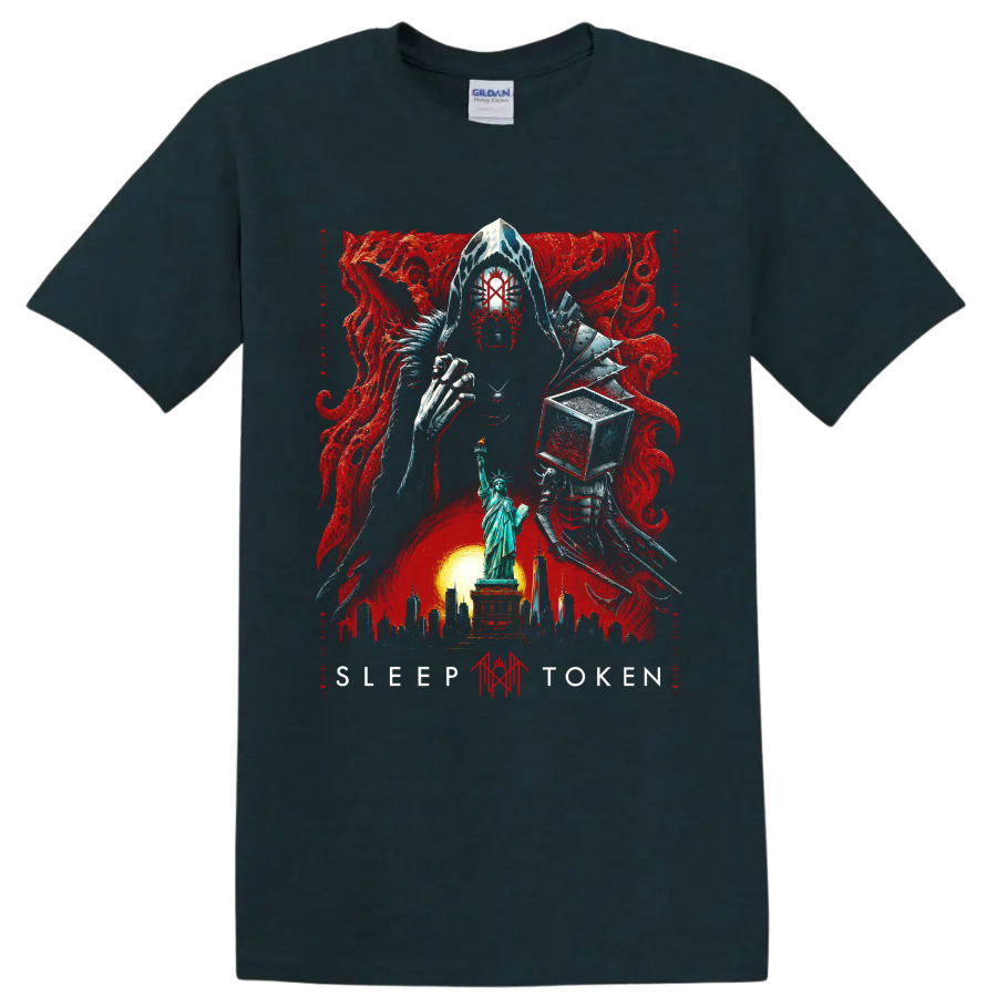 Sleep Token gothic horror masked figure with Statue of Liberty and red art on a Midnight (Green) T Shirt