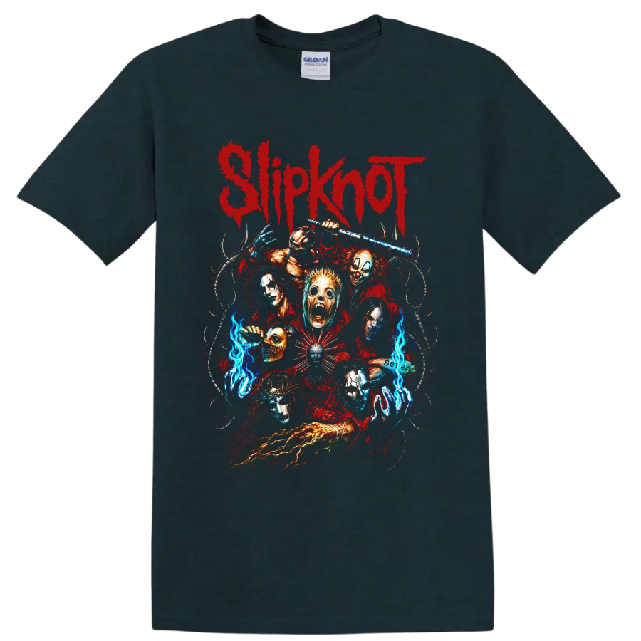 Slipknot distressed red logo with masked horror figures and blue flames on a Midnight (Green) T Shirt
