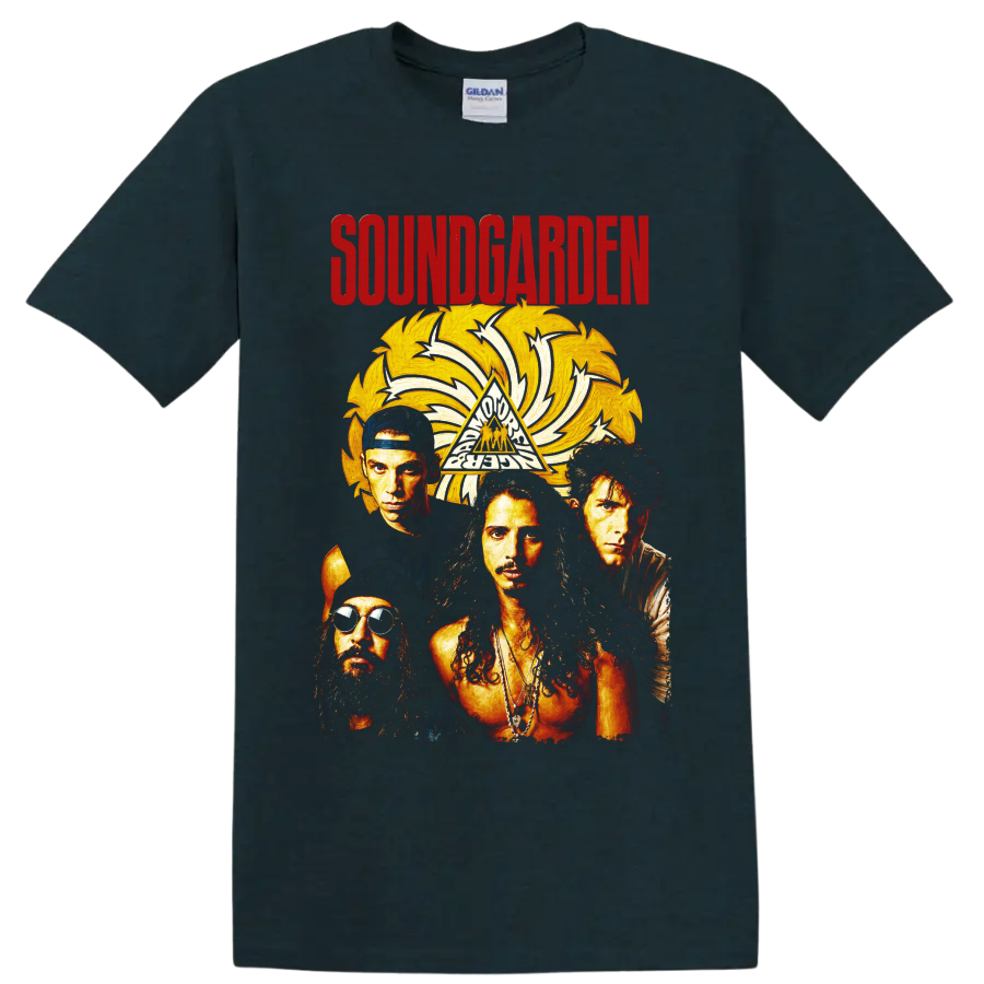 Soundgarden rock band portrait with golden sunburst and distressed lettering on a Midnight (Green) T Shirt