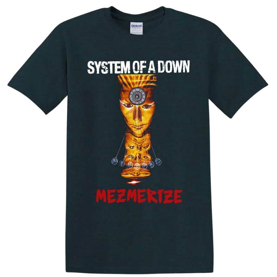 System of a Down Mezmerize surreal orange face graphic with clock on a Midnight (Green) T Shirt