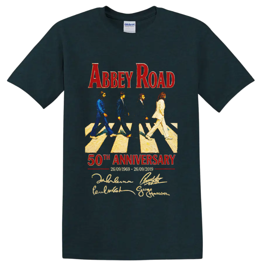 The Beatles Abbey Road 50th Anniversary crossing graphic with red lettering on a Midnight (Green) T Shirt