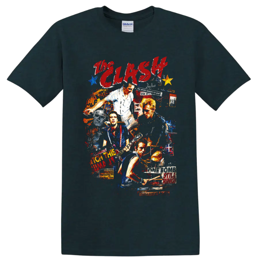 The Clash punk rock collage with guitars, drums, and distressed lettering on a Midnight (Green) T Shirt
