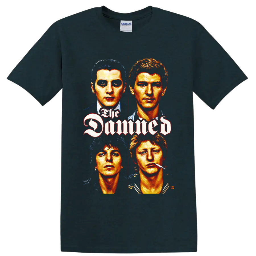 The Damned four-face punk rock portrait with gothic lettering on a Midnight (Green) T Shirt