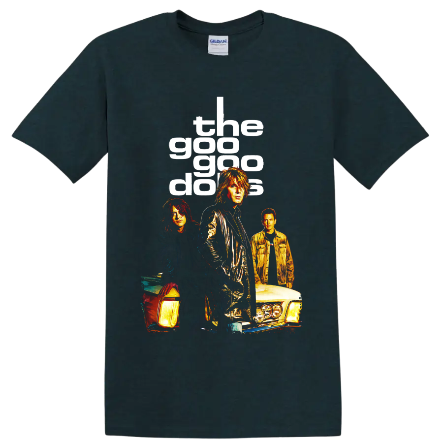 Goo Goo Dolls rock band portraits with classic cars and bold lettering on a Midnight (Green) T Shirt