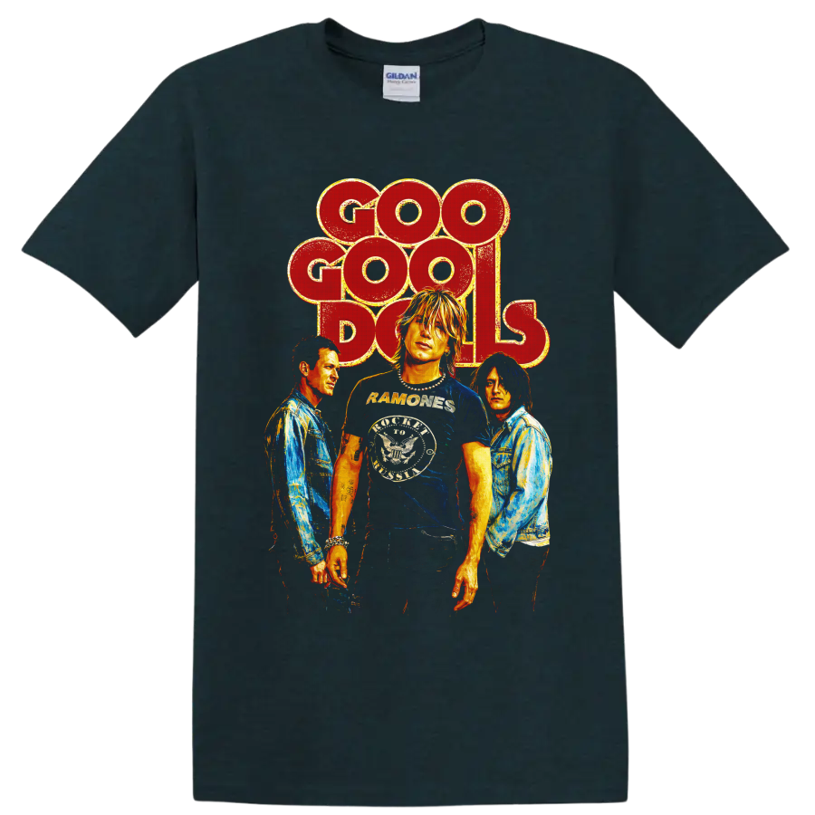 Goo Goo Dolls vintage rock band portrait graphic with distressed lettering on a Midnight (Green) T Shirt