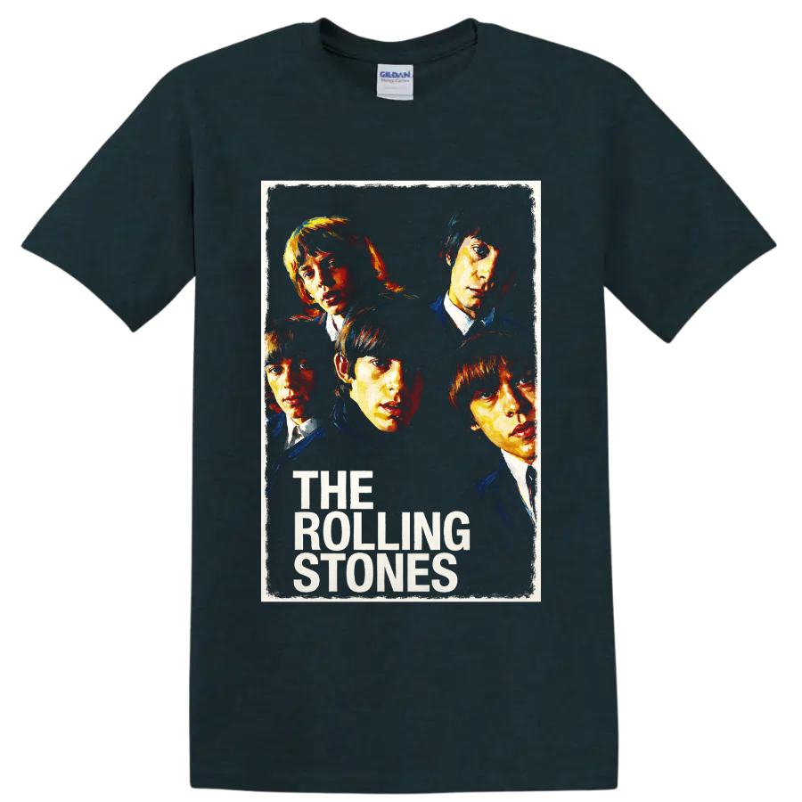 The Rolling Stones five-portrait vintage rock band graphic with text on a Midnight (Green) T Shirt