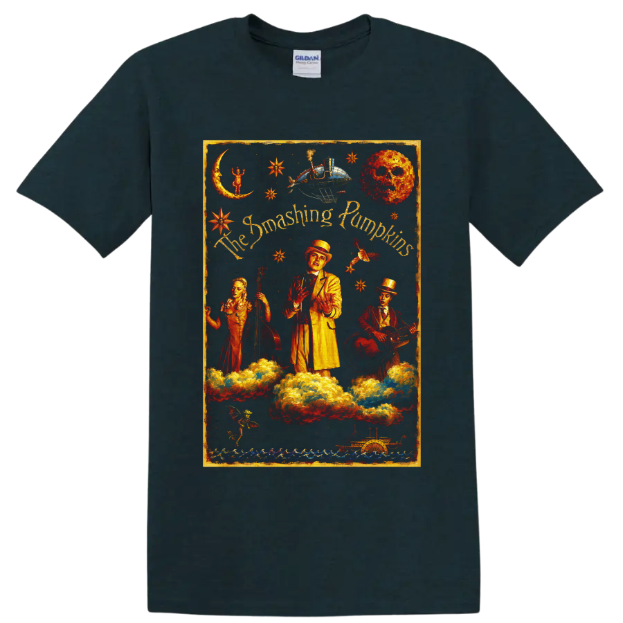 The Smashing Pumpkins surreal celestial vintage rock band artwork on a Midnight (Green) T Shirt