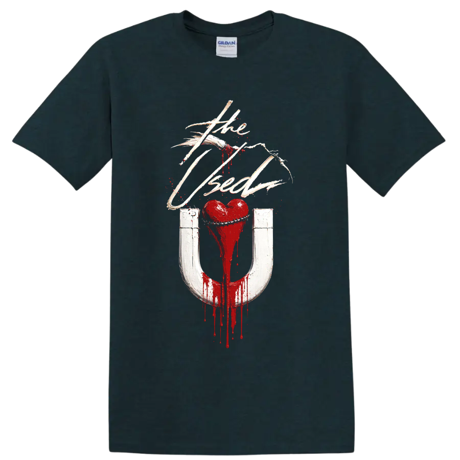The Used heart magnet graphic print with distressed gothic rock styling on a Midnight (Green) T Shirt