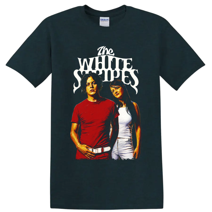 The White Stripes portrait graphic with distressed lettering on a Midnight (Green) T Shirt