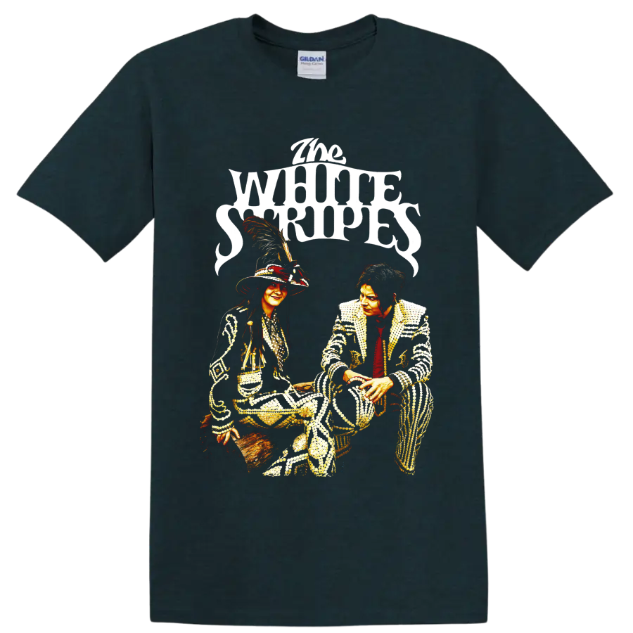 The White Stripes duo portrait graphic with ornate stage outfits and bold lettering on a Midnight (Green) T Shirt