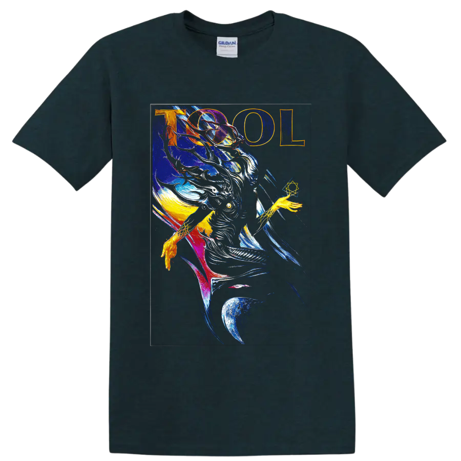 Tool psychedelic cosmic astronaut graphic print with bold lettering on a Midnight (Green) T Shirt