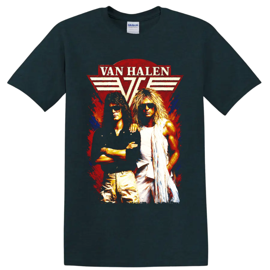 Van Halen winged logo with two rock performers in vintage distressed art on a Midnight (Green) T Shirt