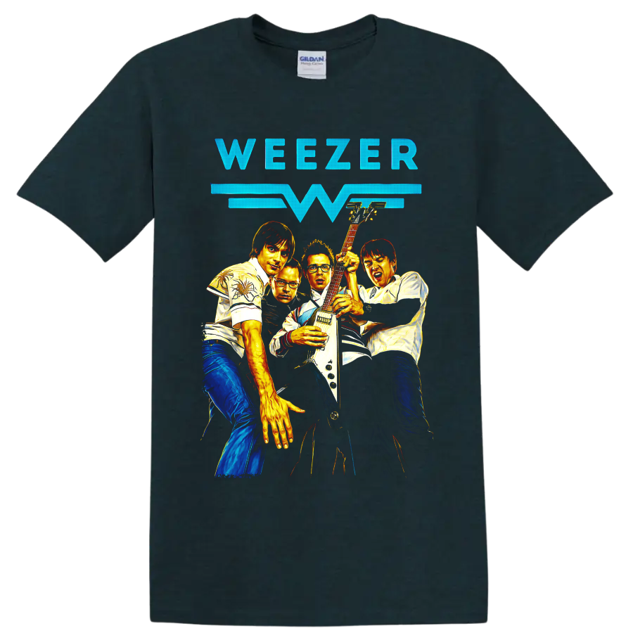 Weezer rock band group portrait with electric guitar and bold lettering on a Midnight (Green) T Shirt